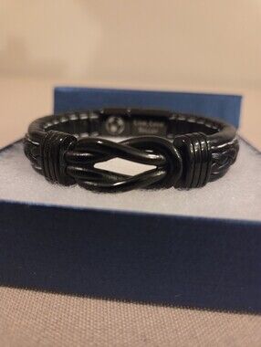 WOVEN BROWN LEATHER SOCCER BRACELET WITH INFINITY LOVE SYMBOL IN BLACK STEEL